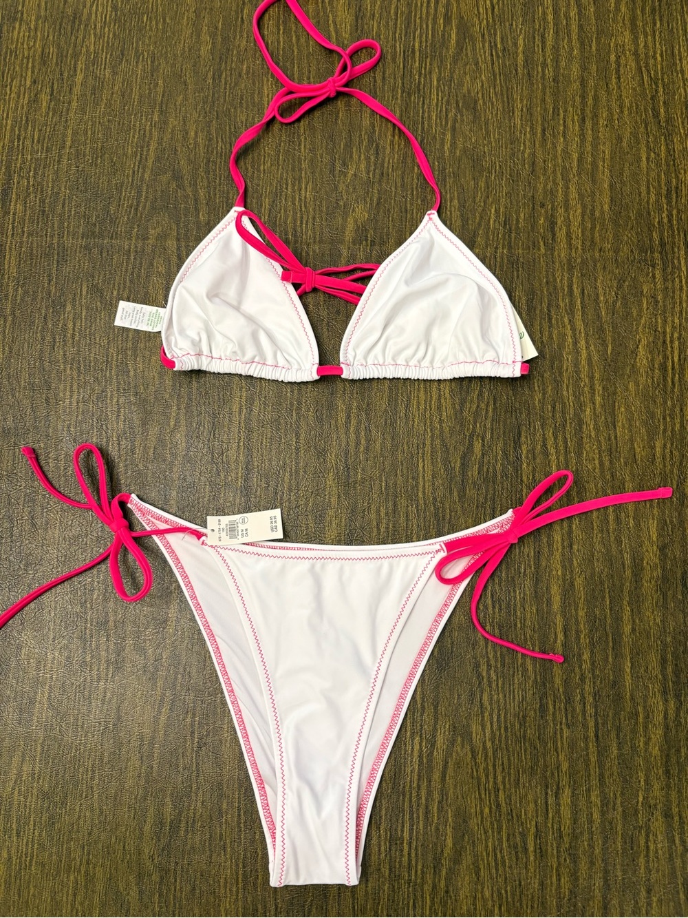 Aerie white bikini with hot pink stitching